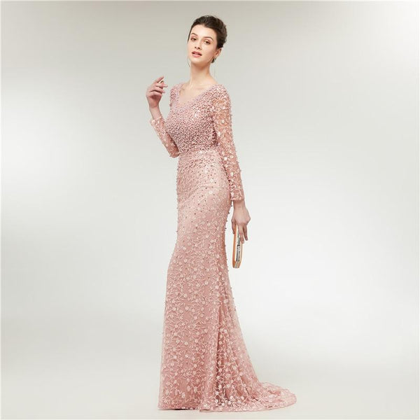 Mermaid Lace Pearls Prom Dress - Gownclap