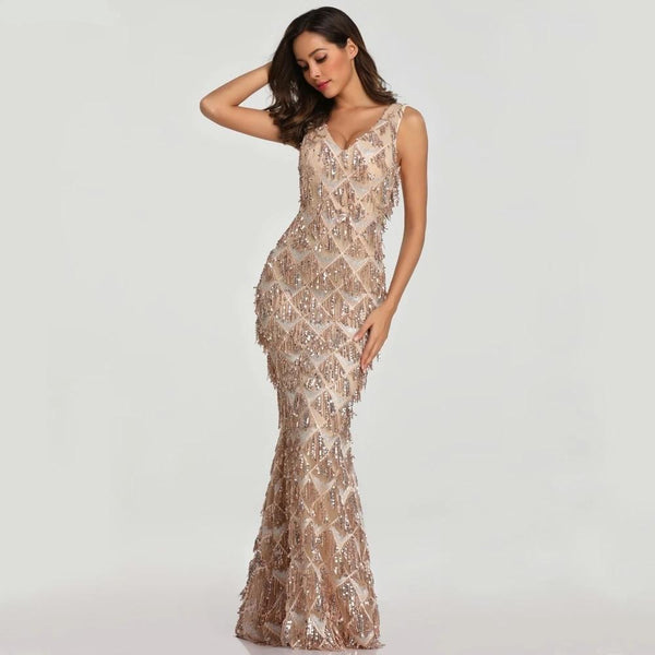 Tassel Sequin Sleeveless Evening Dress - Gownclap