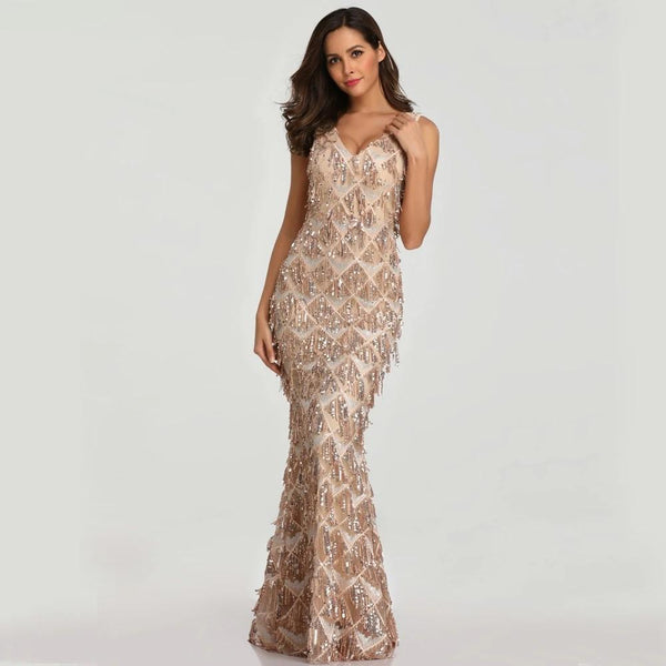 Tassel Sequin Sleeveless Evening Dress - Gownclap