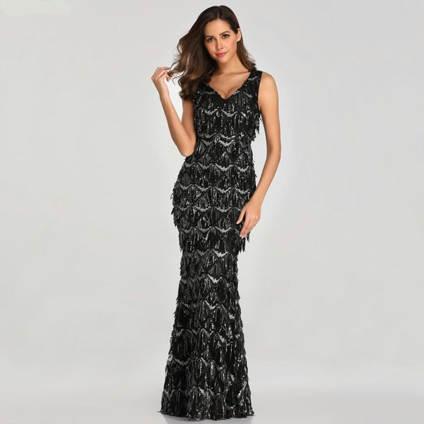 Tassel Sequin Sleeveless Evening Dress - Gownclap
