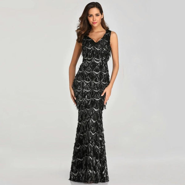 Tassel Sequin Sleeveless Evening Dress - Gownclap