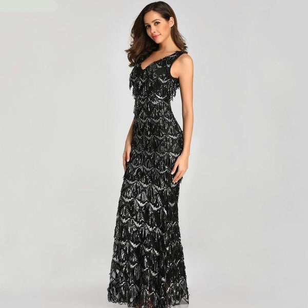 Tassel Sequin Sleeveless Evening Dress - Gownclap