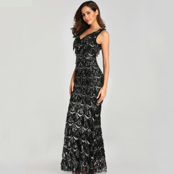 Tassel Sequin Sleeveless Evening Dress - Gownclap