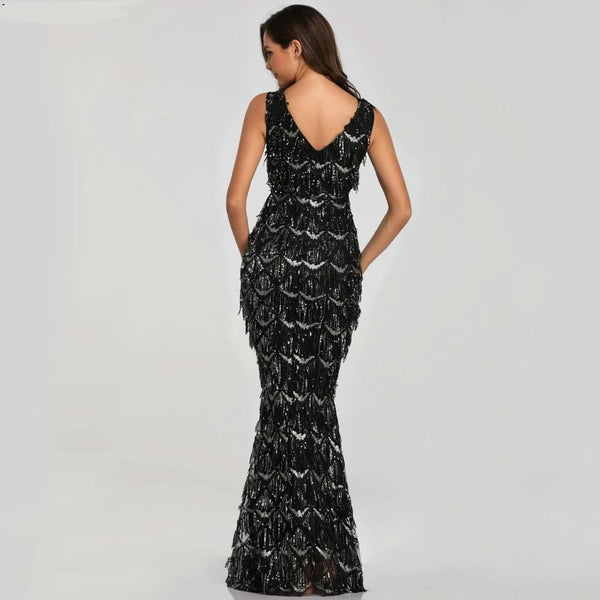 Tassel Sequin Sleeveless Evening Dress - Gownclap