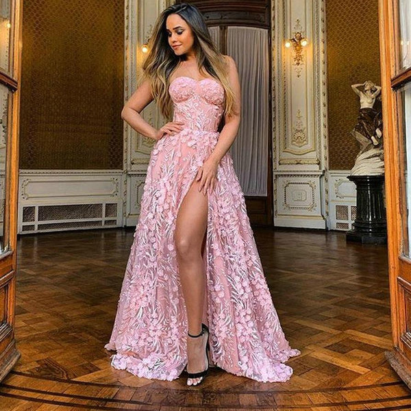 Sexy Pink Side Slit A Line Evening Gown - Gownclap