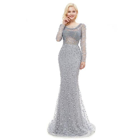 Mermaid Lace Pearls Prom Dress - Gownclap