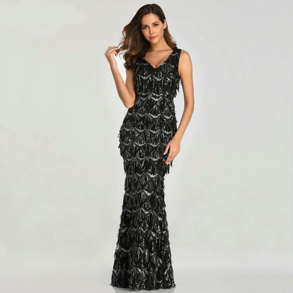 Tassel Sequin Sleeveless Evening Dress - Gownclap