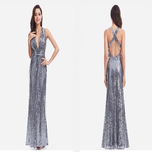 Deep V-Neck  Sequin Evening Gown - Gownclap